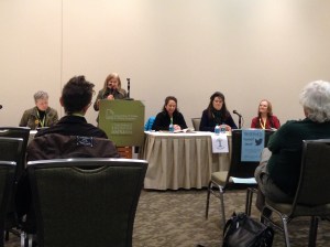Maria Theresa Stadtmueller, Jo Pitkin, Jane Summer, Nancy Avery Dafoe, and Gwynn O'Gara presenting Women's Voices Matter: A Reading from Lost Orchard at AWP on March 1, 2014