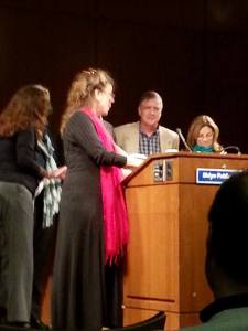 Kathryn Livingston (K'75), Constance Stellas (K'72), Sandy Stiassni (H'78), and Judy Gray Silverstein (K'78) reading an excerpt from Constance's one-act play "Building"